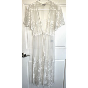 Blashe Women’s Lace Floral Duster Kimono Sz S Short Sleeve Waist Tie Boho Fairy